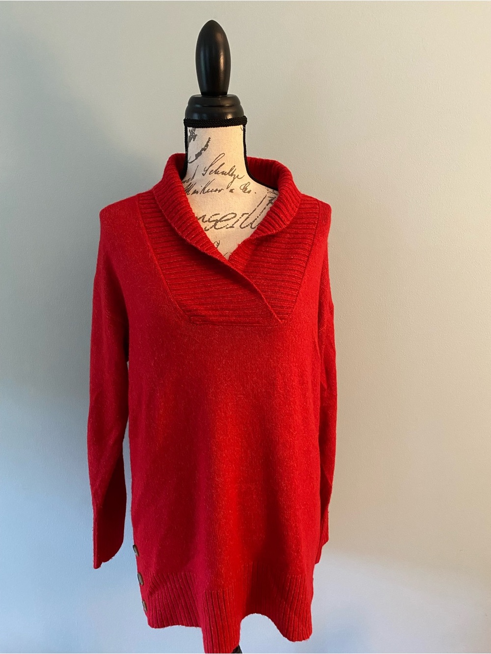Red Shawl-Collar Women's Tunic Sweater - Classic Knit Size Medium